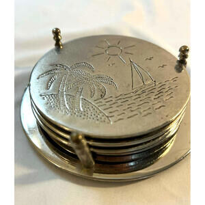 Vintage Metal Coaster Set Palm Tree Sailboat Nautical Island Design